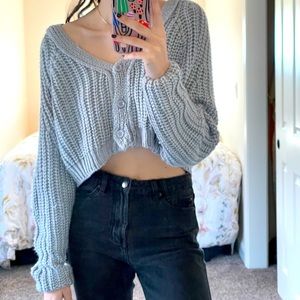 Gray cropped button up knit sweater